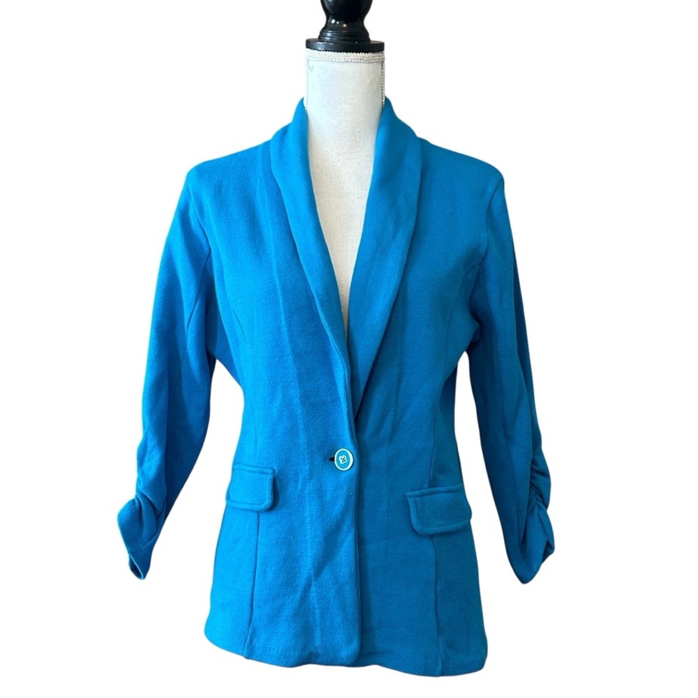 NWT STYLE & CO Single Button Ruched Sleeve Sweater Jacket SZ PXL‎ Brilliant Sea